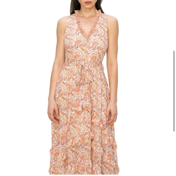 MELLODAY Floral Ruffle Trim Maxi Dress Medium, IVORY/ PINK CARNATION - Picture 4 of 10